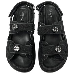 Chanel Black Dad Sandals with Logo Buttons Size 40 EU